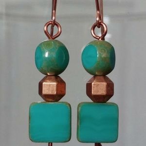 Turquoise Glass Square Copper Earrings Boho Rustic